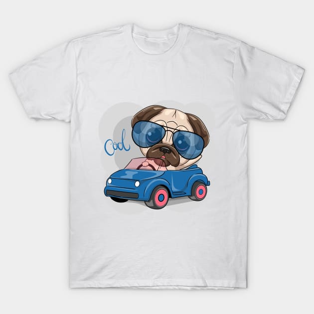 cool pug dog riding a car T-Shirt by sharukhdesign